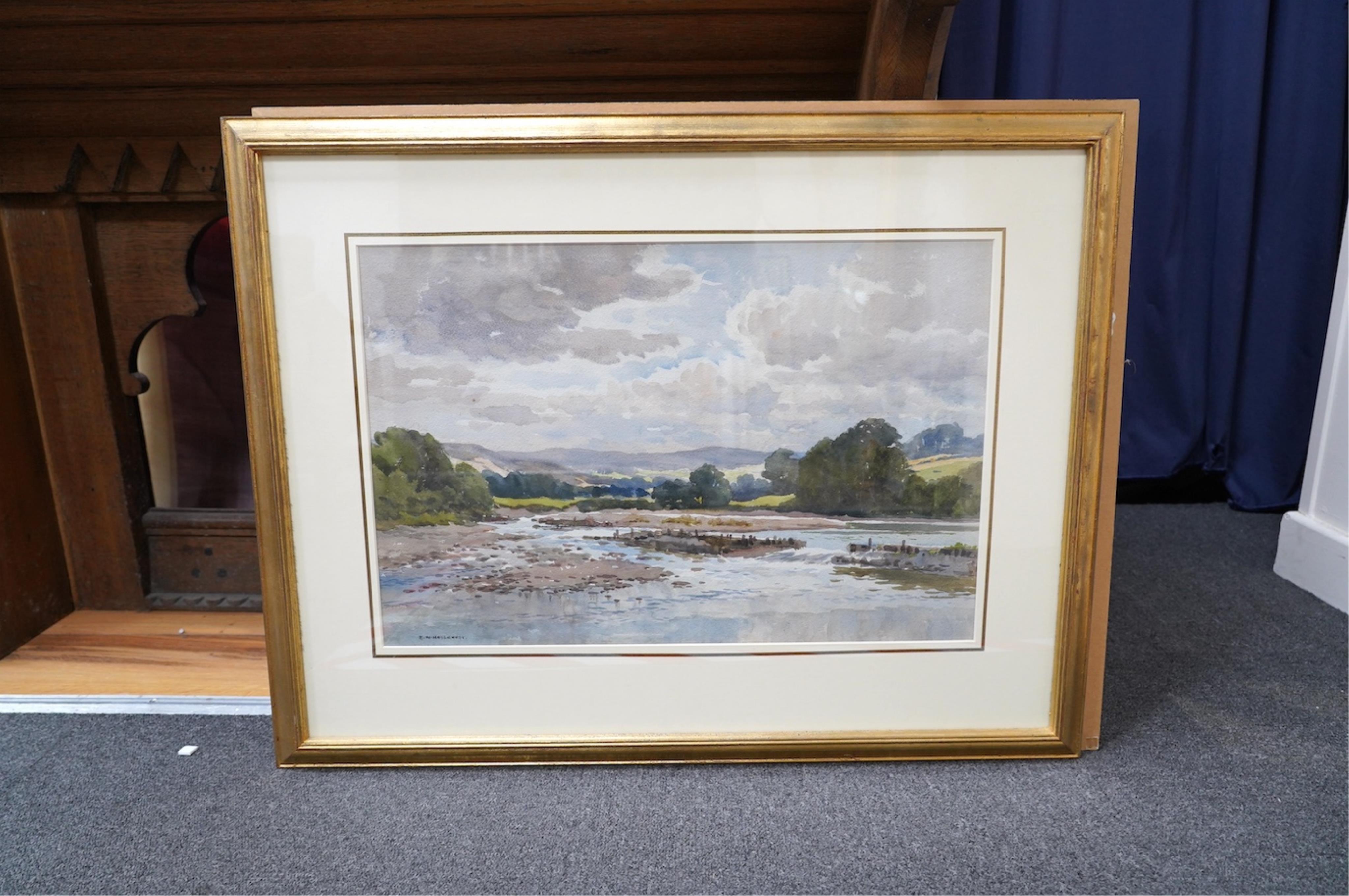 Two watercolours comprising Ernest William Haslehust (1866-1949), ‘Springtime near Fletching’ and ‘On the Weir’ and Rosa Harding, oil, Seven Sisters, each signed, 36 x 54cm. Condition - fair to good